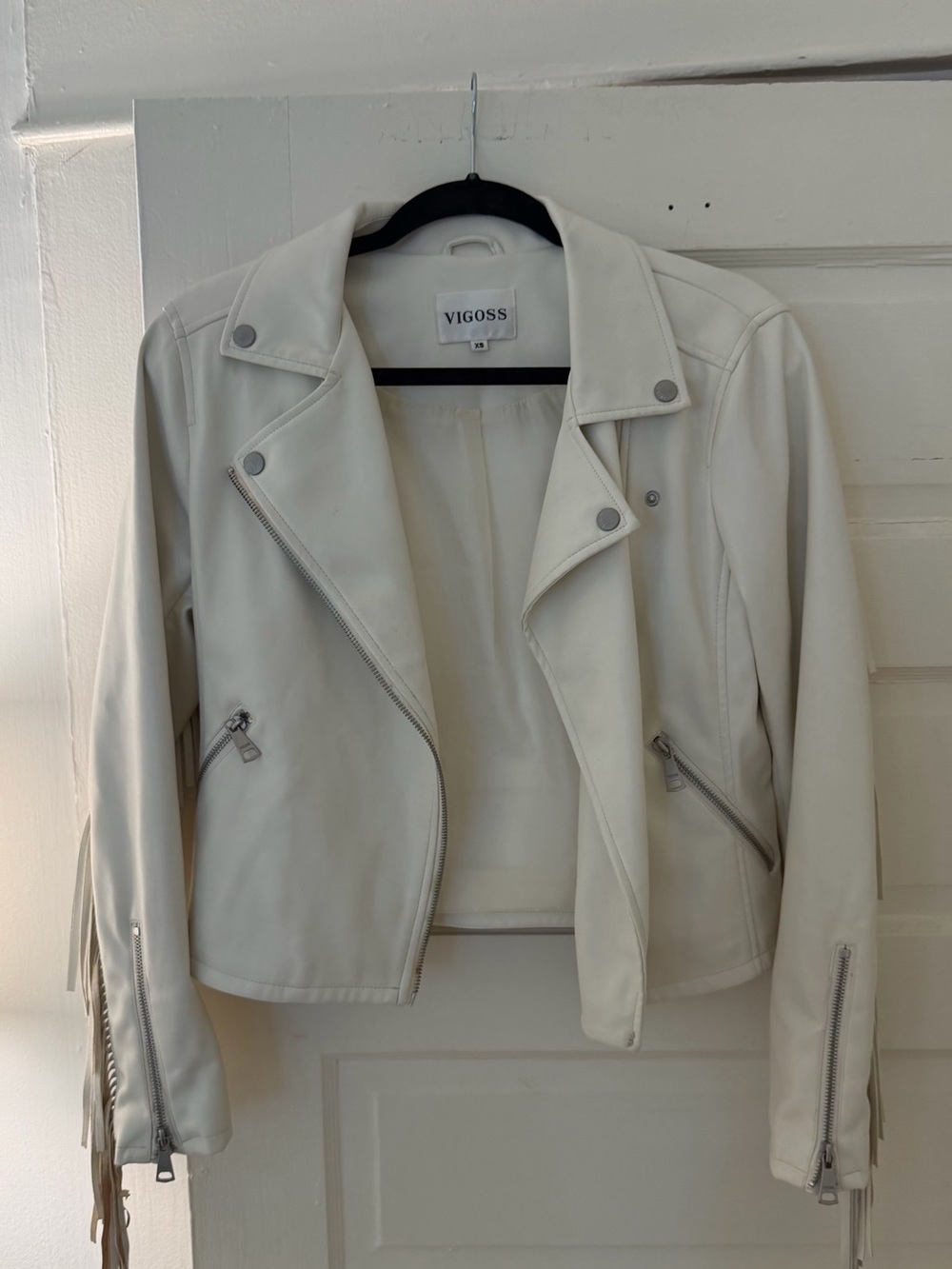 Vigoss Cream Faux Leather Moto Jacket with Fringe Sleeves